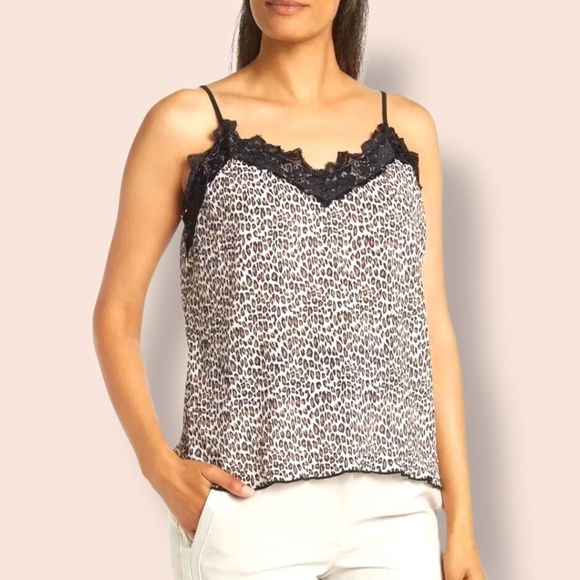 EVERLEIGH Leopard Print Lace Trimmed Crinkle Cami Fully Lined Spaghetti Straps L - Picture 1 of 8